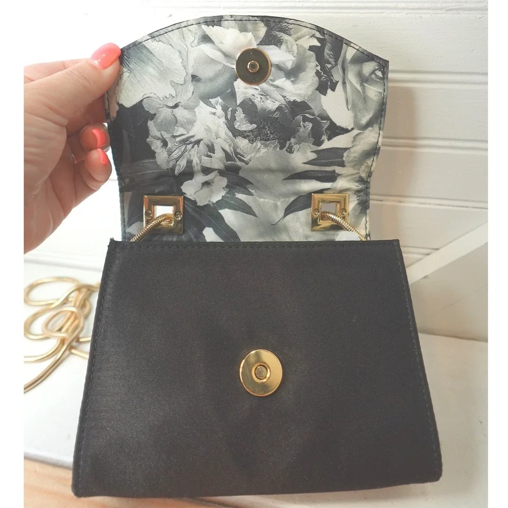 Ted Baker Gem Brooch Clutch Purse Black Satin Gold Tone Chain Rhinestone Flower